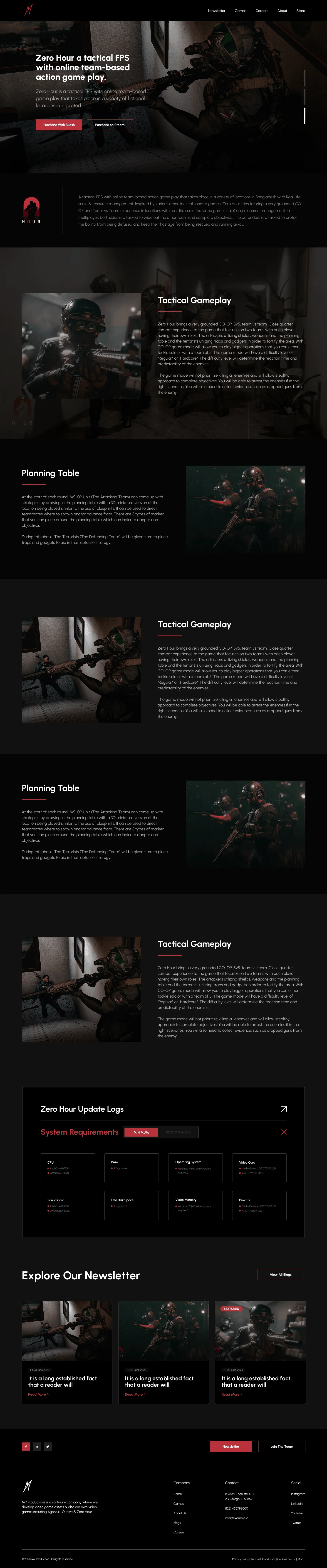 The <em>Zero Hour</em> game page — feature sections, planning table, update log and system requirements on one template