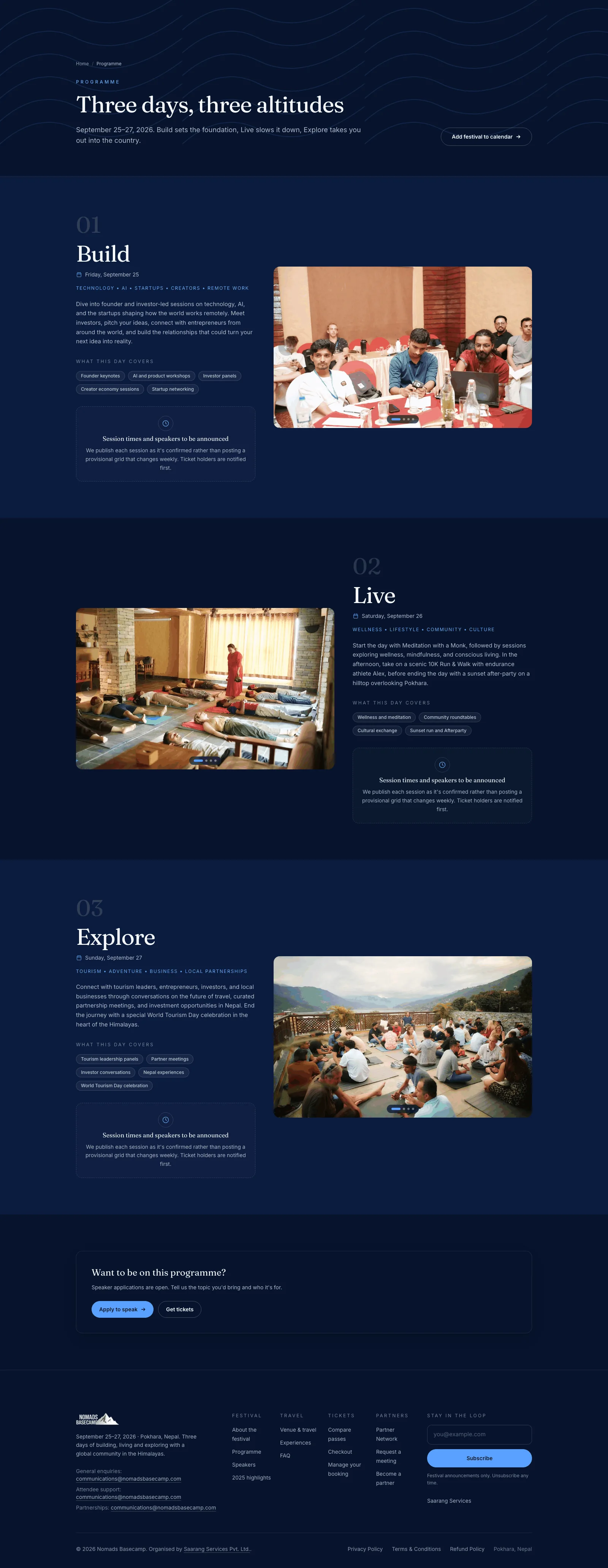The programme — Build, Live and Explore, each day saying what it covers and admitting what is still unannounced